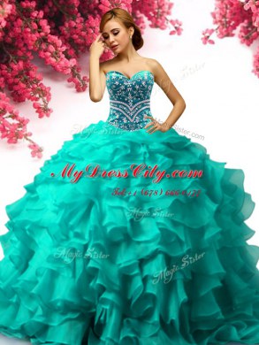 Latest Turquoise Vestidos de Quinceanera Military Ball and Sweet 16 and Quinceanera and For with Beading and Ruffles Sweetheart Sleeveless Lace Up