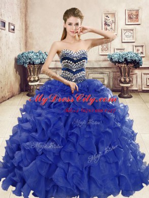 Beading and Ruffles Quince Ball Gowns Blue Lace Up Sleeveless Floor Length