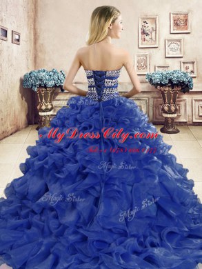 Beading and Ruffles Quince Ball Gowns Blue Lace Up Sleeveless Floor Length