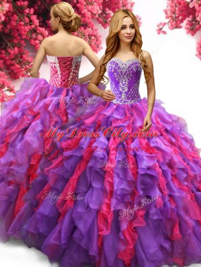 Multi-color Lace Up 15 Quinceanera Dress Beading and Ruffles Sleeveless Floor Length