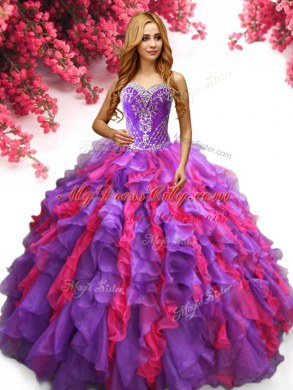 Multi-color Lace Up 15 Quinceanera Dress Beading and Ruffles Sleeveless Floor Length