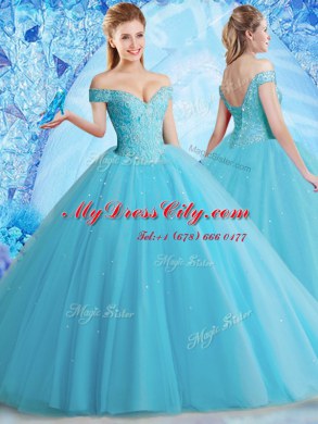 Fashion Off the Shoulder Floor Length Lace Up Quinceanera Dress Aqua Blue for Military Ball and Sweet 16 and Quinceanera with Beading and Lace