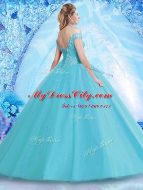 Fashion Off the Shoulder Floor Length Lace Up Quinceanera Dress Aqua Blue for Military Ball and Sweet 16 and Quinceanera with Beading and Lace