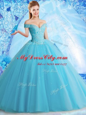 Fashion Off the Shoulder Floor Length Lace Up Quinceanera Dress Aqua Blue for Military Ball and Sweet 16 and Quinceanera with Beading and Lace