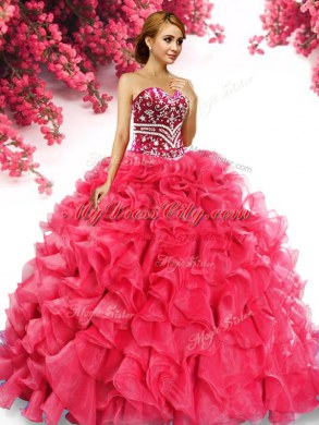 Organza Sweetheart Sleeveless Lace Up Beading and Ruffles Sweet 16 Dress in Red
