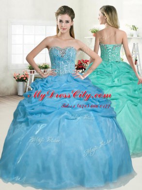 Sleeveless Organza Floor Length Lace Up Sweet 16 Dress in Baby Blue with Beading and Pick Ups