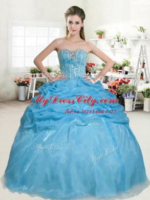Sleeveless Organza Floor Length Lace Up Sweet 16 Dress in Baby Blue with Beading and Pick Ups