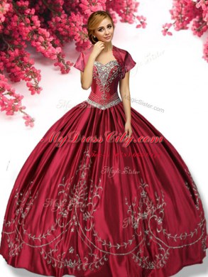 Sleeveless Taffeta Floor Length Lace Up Sweet 16 Dresses in Wine Red with Embroidery