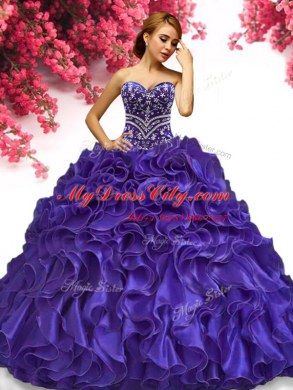 Floor Length Purple Sweet 16 Dresses Sweetheart Sleeveless Lace Up