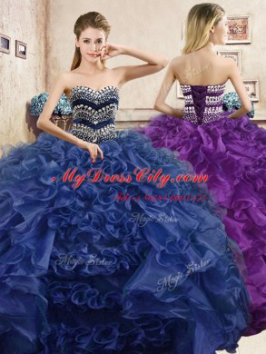 Discount Navy Blue Sweet 16 Dresses Military Ball and Sweet 16 and Quinceanera and For with Beading and Ruffles Sweetheart Sleeveless Lace Up