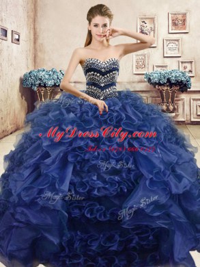 Discount Navy Blue Sweet 16 Dresses Military Ball and Sweet 16 and Quinceanera and For with Beading and Ruffles Sweetheart Sleeveless Lace Up