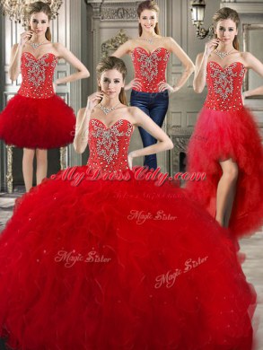 Four Piece Sleeveless Floor Length Beading and Ruffles Lace Up 15th Birthday Dress with Red