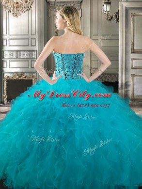 Four Piece Sleeveless Floor Length Beading and Ruffles Lace Up 15th Birthday Dress with Red