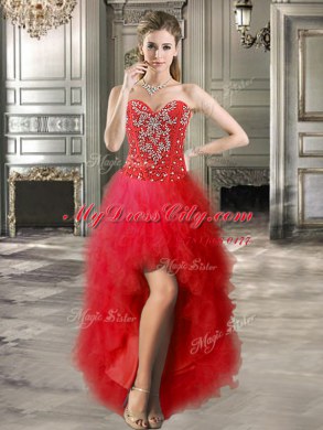 Four Piece Sleeveless Floor Length Beading and Ruffles Lace Up 15th Birthday Dress with Red