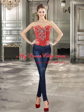 Four Piece Sleeveless Floor Length Beading and Ruffles Lace Up 15th Birthday Dress with Red