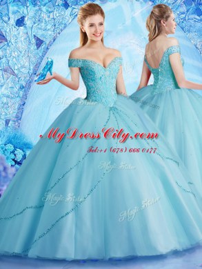Chic Off the Shoulder With Train Aqua Blue Sweet 16 Dresses Tulle Brush Train Sleeveless Beading