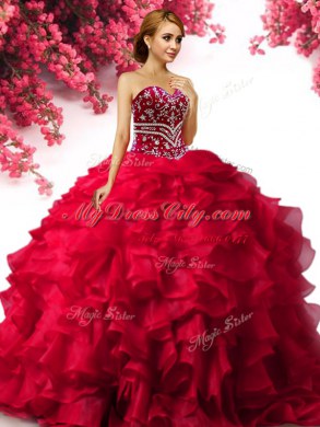 Stylish Organza Sweetheart Sleeveless Lace Up Beading and Ruffles 15th Birthday Dress in Red