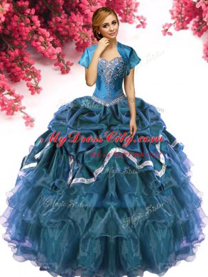 Sweetheart Sleeveless Ball Gown Prom Dress Floor Length Beading and Ruffles and Pick Ups Teal Organza and Taffeta