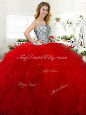 Ball Gowns Sweet 16 Quinceanera Dress Red Sweetheart Tulle Sleeveless Floor Length Lace Up
