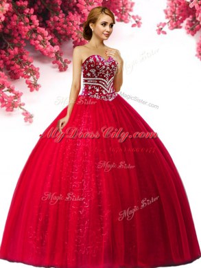 Beading Quinceanera Gown Red Lace Up Sleeveless Floor Length