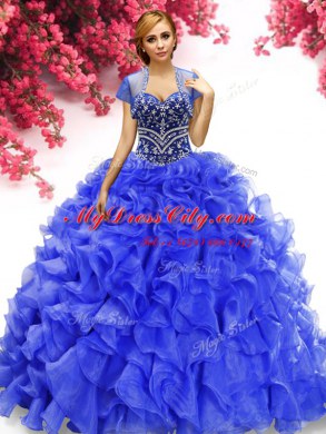 Sleeveless Floor Length Beading and Ruffles Lace Up Quinceanera Dresses with Royal Blue