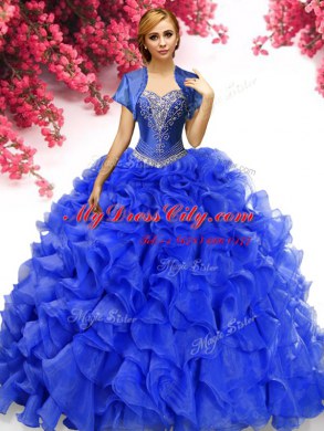 Sleeveless Sweep Train Beading and Ruffles Lace Up Quinceanera Gowns