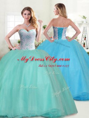 Apple Green Ball Gowns Tulle Sweetheart Sleeveless Beading Floor Length Lace Up 15th Birthday Dress