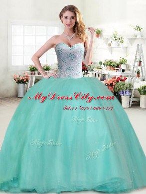 Apple Green Ball Gowns Tulle Sweetheart Sleeveless Beading Floor Length Lace Up 15th Birthday Dress