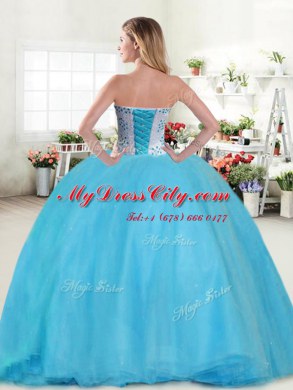 Apple Green Ball Gowns Tulle Sweetheart Sleeveless Beading Floor Length Lace Up 15th Birthday Dress