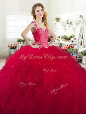 Straps Red Sleeveless Tulle Zipper Quinceanera Dress for Military Ball and Sweet 16 and Quinceanera