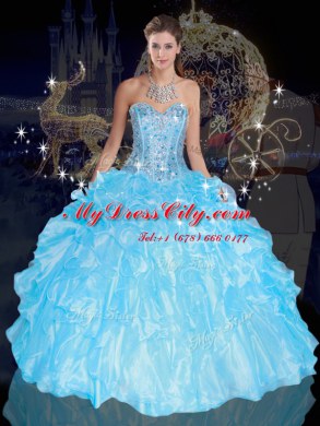 Great Organza Sweetheart Sleeveless Lace Up Beading and Ruffles Vestidos de Quinceanera in Blue