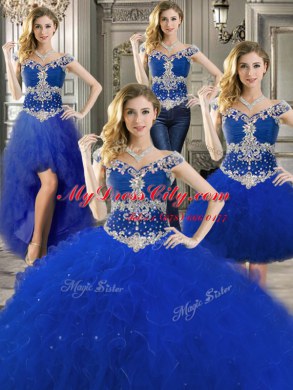 Three Piece Tulle Off The Shoulder Sleeveless Zipper Beading and Ruffles Quinceanera Gown in Royal Blue