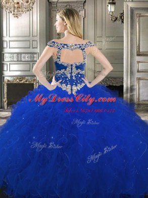 Three Piece Tulle Off The Shoulder Sleeveless Zipper Beading and Ruffles Quinceanera Gown in Royal Blue