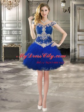 Three Piece Tulle Off The Shoulder Sleeveless Zipper Beading and Ruffles Quinceanera Gown in Royal Blue