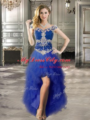Three Piece Tulle Off The Shoulder Sleeveless Zipper Beading and Ruffles Quinceanera Gown in Royal Blue