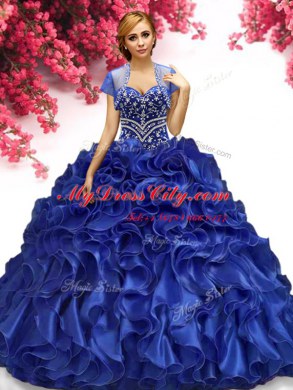 Decent Floor Length Lace Up Sweet 16 Quinceanera Dress Royal Blue for Military Ball and Sweet 16 and Quinceanera with Beading and Ruffles