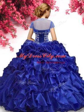 Decent Floor Length Lace Up Sweet 16 Quinceanera Dress Royal Blue for Military Ball and Sweet 16 and Quinceanera with Beading and Ruffles