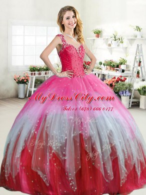 Flare Straps Sleeveless 15 Quinceanera Dress Floor Length Beading and Ruffled Layers Multi-color Tulle