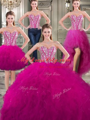 Clearance Three Piece Fuchsia Lace Up Sweetheart Beading and Ruffles 15th Birthday Dress Tulle Sleeveless