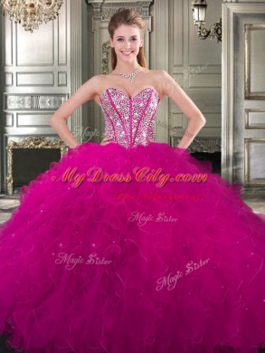 Clearance Three Piece Fuchsia Lace Up Sweetheart Beading and Ruffles 15th Birthday Dress Tulle Sleeveless