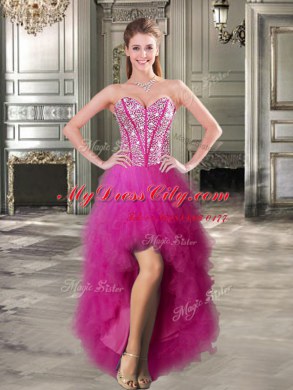 Clearance Three Piece Fuchsia Lace Up Sweetheart Beading and Ruffles 15th Birthday Dress Tulle Sleeveless