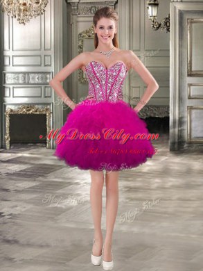 Clearance Three Piece Fuchsia Lace Up Sweetheart Beading and Ruffles 15th Birthday Dress Tulle Sleeveless