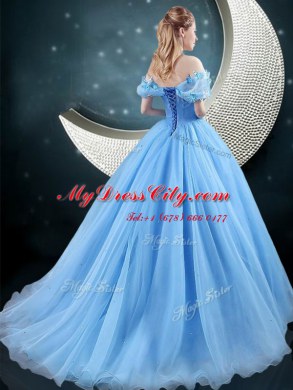 Delicate Baby Blue 15 Quinceanera Dress Military Ball and Sweet 16 and Quinceanera and For with Appliques Off The Shoulder Sleeveless Brush Train Lace Up