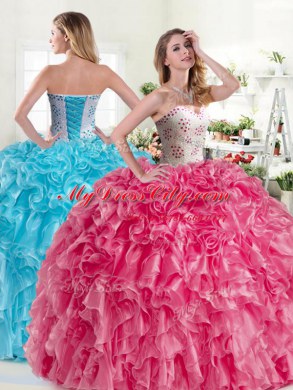 Sweetheart Sleeveless Sweet 16 Dress Floor Length Beading and Ruffles Pink and Aqua Blue Organza