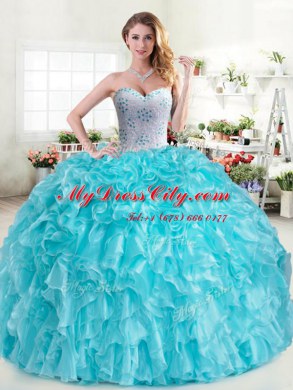 Sweetheart Sleeveless Sweet 16 Dress Floor Length Beading and Ruffles Pink and Aqua Blue Organza