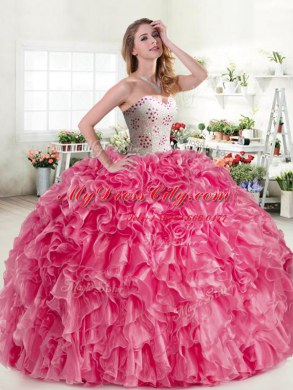 Sweetheart Sleeveless Sweet 16 Dress Floor Length Beading and Ruffles Pink and Aqua Blue Organza