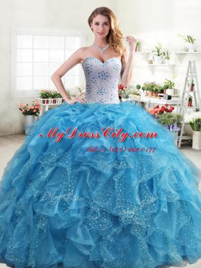 Baby Blue 15th Birthday Dress Military Ball and Sweet 16 and Quinceanera and For with Beading and Ruffles Sweetheart Sleeveless Lace Up