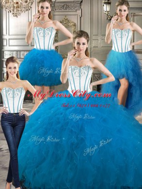 Four Piece Tulle Sweetheart Sleeveless Lace Up Embroidery and Ruffles Quinceanera Gown in Baby Blue