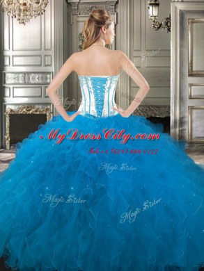 Four Piece Tulle Sweetheart Sleeveless Lace Up Embroidery and Ruffles Quinceanera Gown in Baby Blue