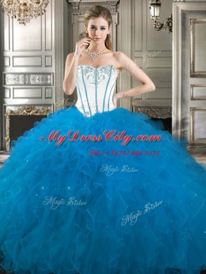 Four Piece Tulle Sweetheart Sleeveless Lace Up Embroidery and Ruffles Quinceanera Gown in Baby Blue